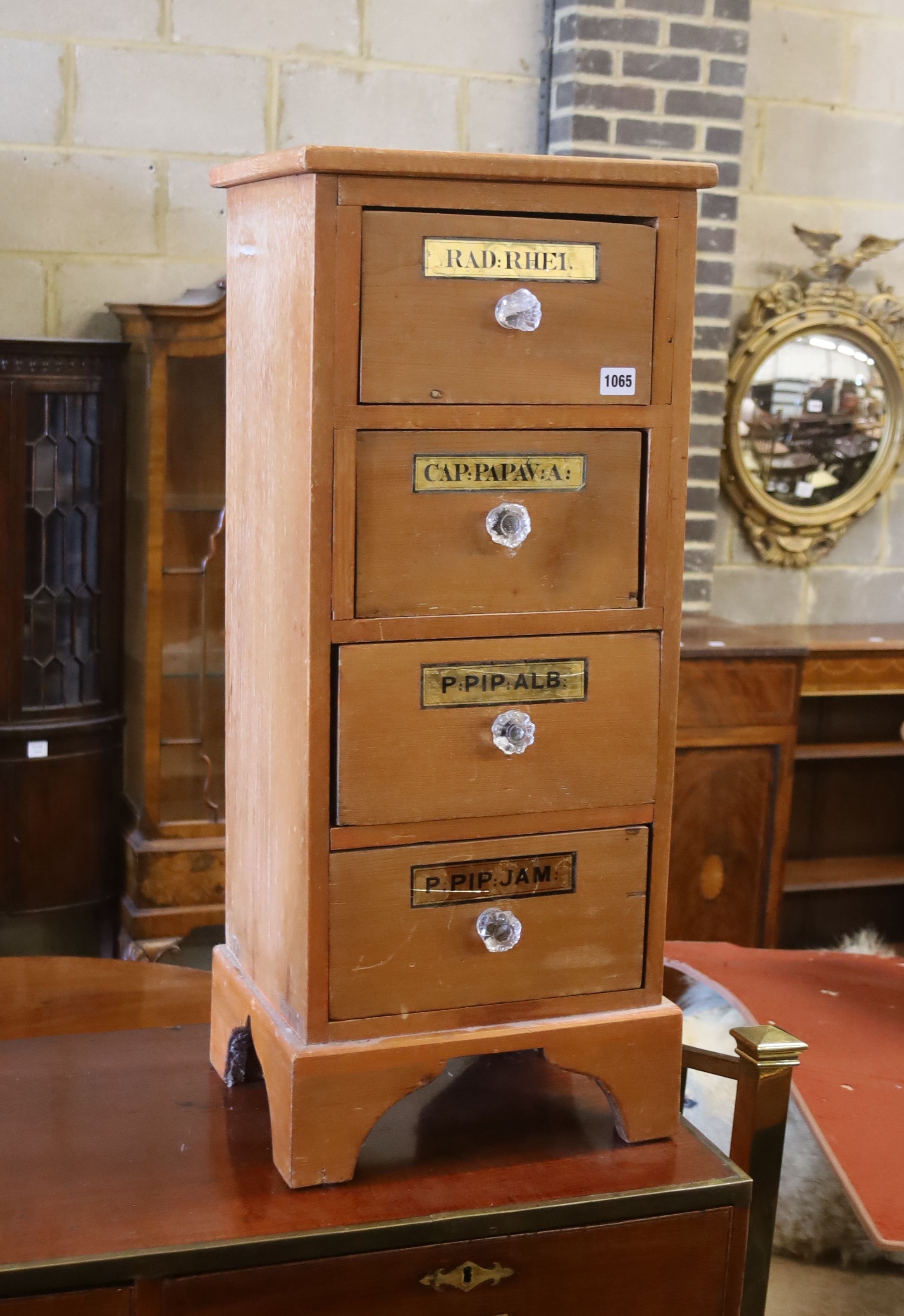 A Victorian style pine four drawer apothecary cabinet, width 35cm, depth 30cm, height 85cm